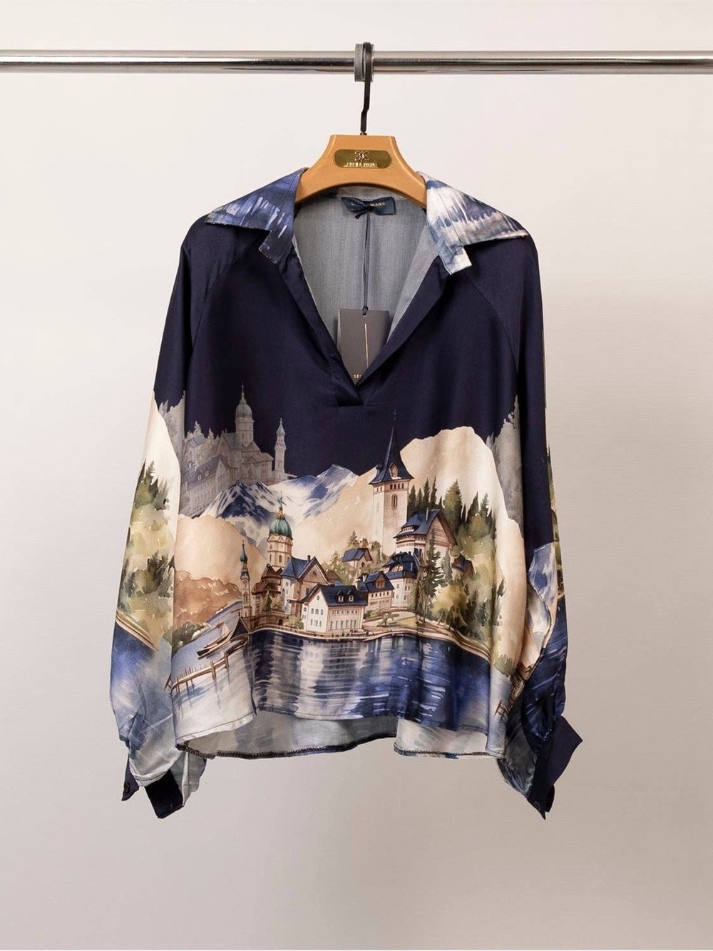 Made In Italy- Women's Scenic Print Navy Silk-Feel Blouse